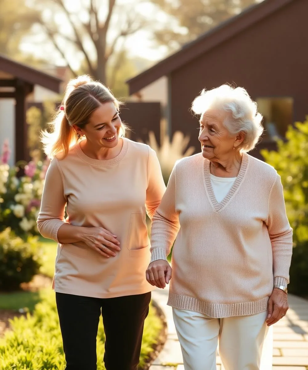 Older adult walking outdoors with a supportive companion