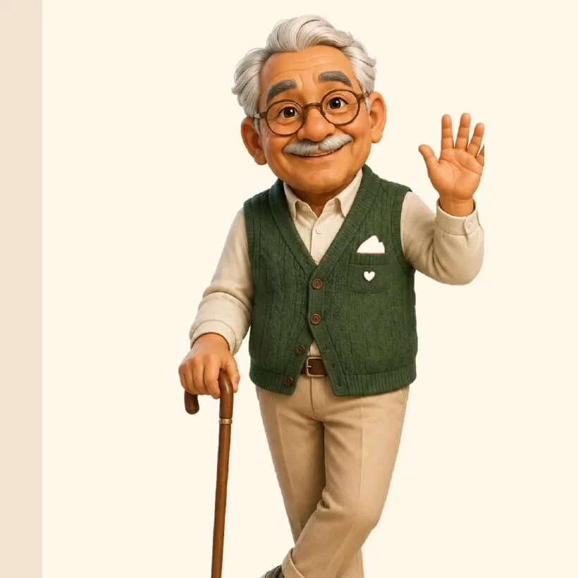 LoLo Care illustrated older-adult mascot waving