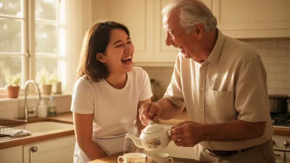 Older adult and companion preparing tea together at home