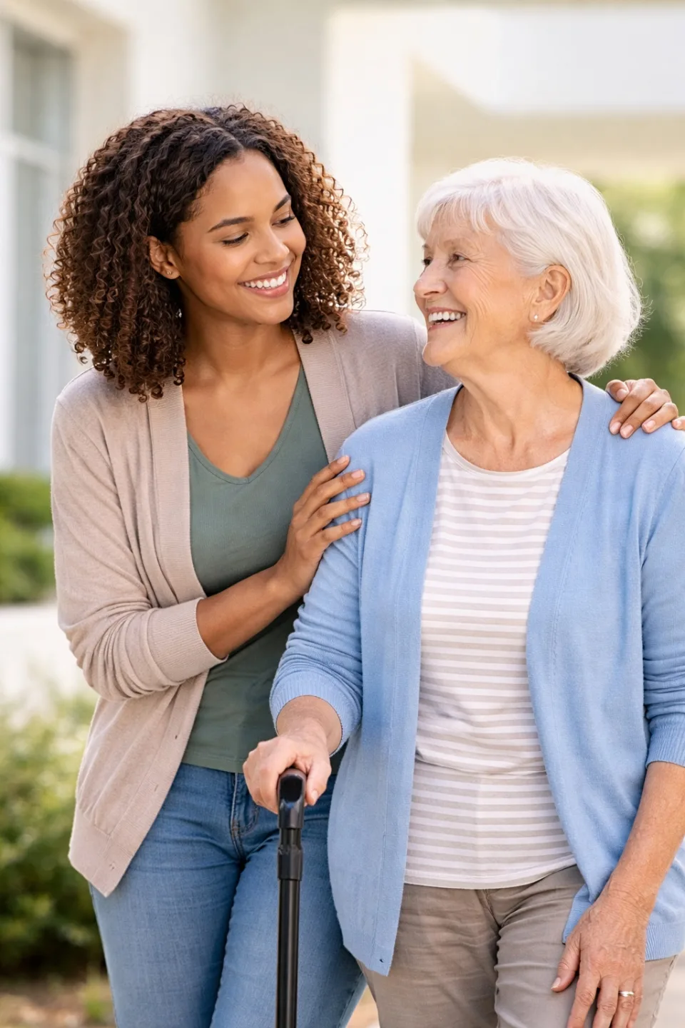 Caregiver and older adult smiling together outside a home