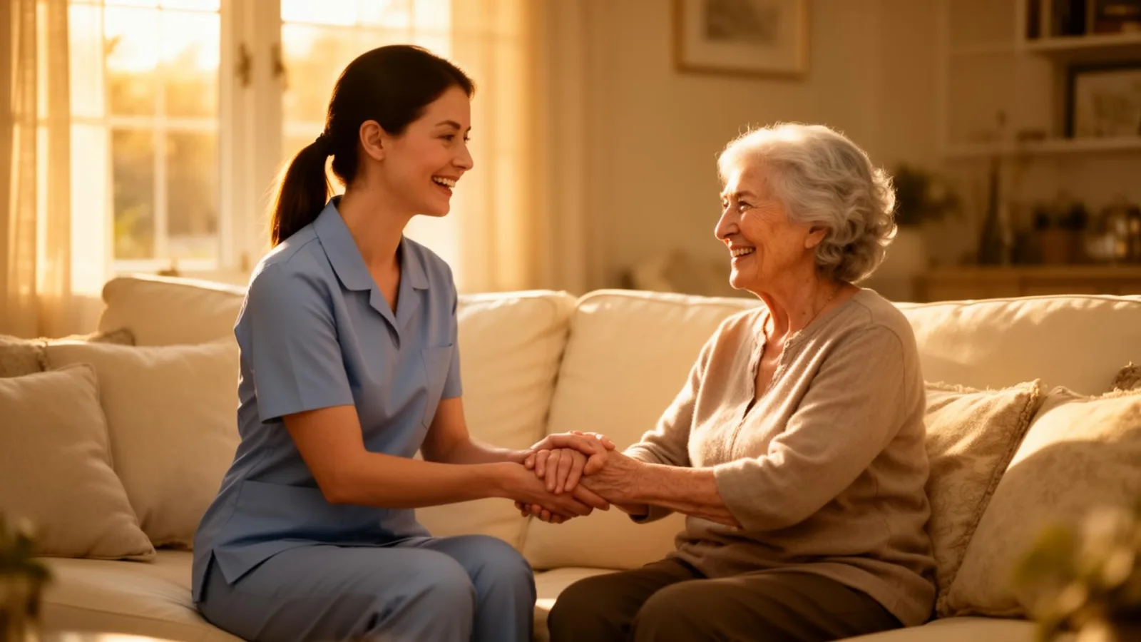 Caregiver and older adult talking in a sunlit living room