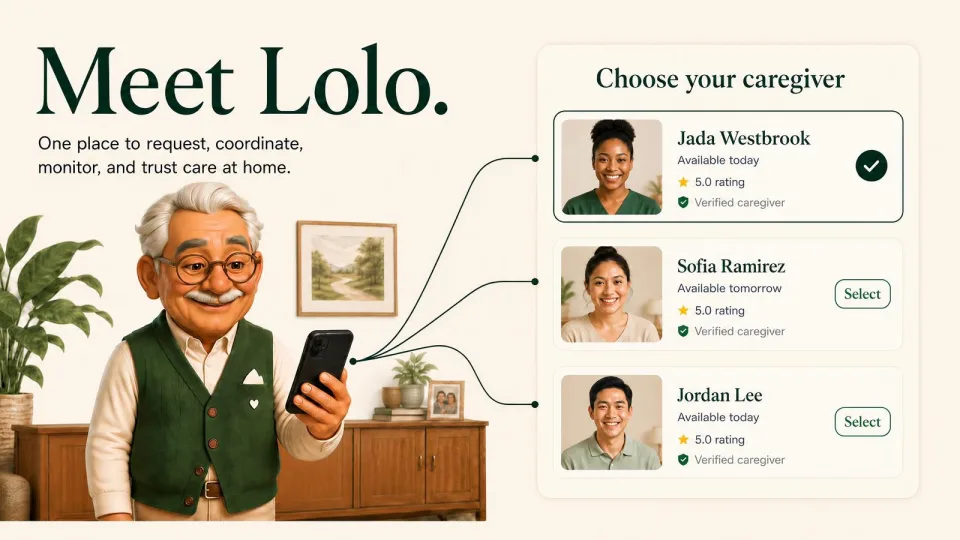 LoLo's cartoon older man holding a phone beside an illustration of caregiver choices